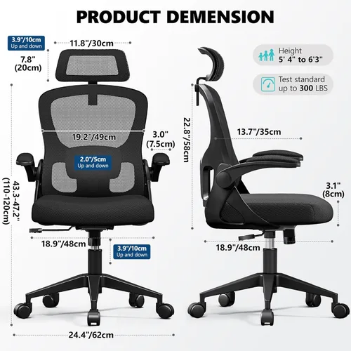 Miniatura 3 de Silla de oficina ergonómica, silla de escritorio de malla con reposacabezas ajustable y soporte lumbar, silla de computadora con ruedas con Negro