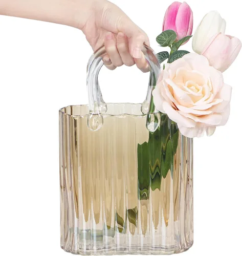 Jarrón moderno para flores, floreros de vidrio ámbar transparente con rayas verticales para decoración del hogar. Elegante jarrón de flores para