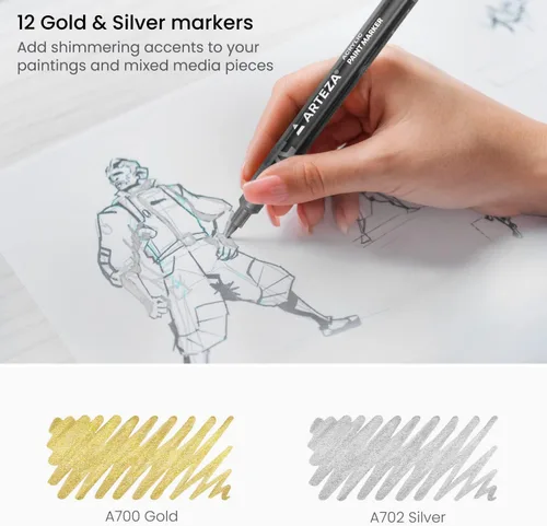 Miniatura 3 de ARTEZA Marcadores de pintura acrílica metálica, juego de 12 (6 dorados + 6 plateados), puntas extrafinas de 0.069 pulgadas, bolígrafos de pintura a