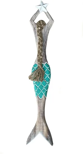 OMA Escultura de sirena de madera para decoración de pared, playa náutica costera, sirena, estrella, estatua colgante, decoración del hogar, grande