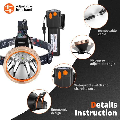 Miniatura 3 de Linterna de cabeza LED recargable de alta potencia - linterna frontal ajustable impermeable, linterna frontal de manos libres para camping