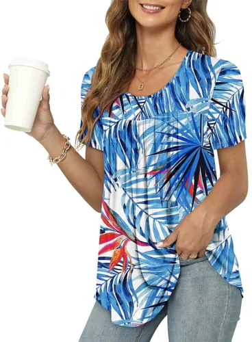 Miniatura 2 de ONLYSHE Blusa de manga corta para mujer, cuello en U, holgada, con volantes, plisada, túnica para leggings