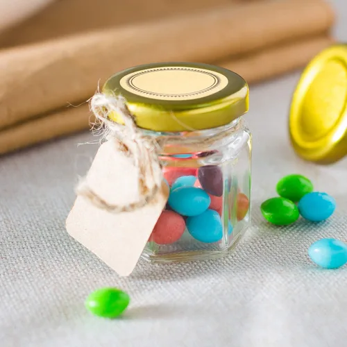 Miniatura 5 de Tarros hexagonales transparentes de 1.5 onzas, pequeños frascos de vidrio para miel con tapas (dorados), tarros Mason para hierbas, alimentos