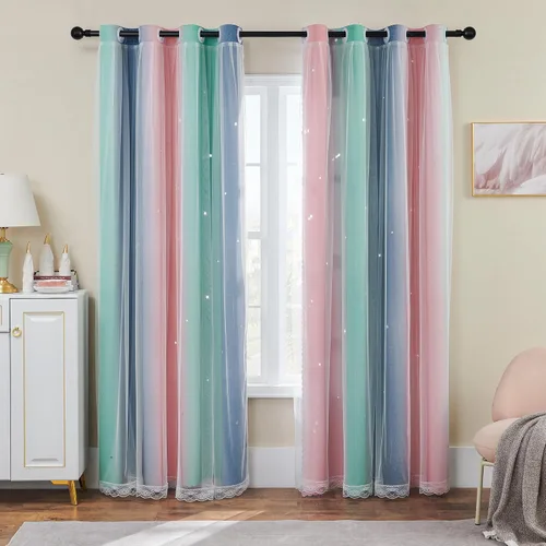 Miniatura 67 de XiDi Cortinas opacas con estrellas para habitaciones de niños, cortinas verdes para ventana de dormitorio de niños, azul y gris, 52 pulgadas de Azul