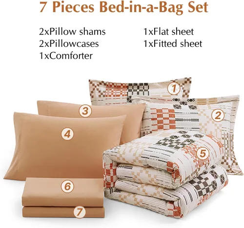 Miniatura 7 de MaiRêve Juego de edredón tamaño Queen, juegos de ropa de cama clásicos de granja a cuadros de 7 piezas, beige todo el año en una bolsa con sábanas