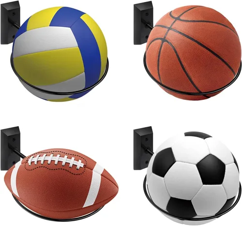 Miniatura 9 de Soporte de pared para baloncesto VIVTOB, soporte de pared para pelota de 7 pulgadas con base de madera maciza de nogal negro y anillo de metal