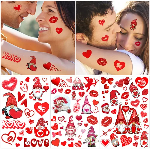 Miniatura 5 de 12 hojas de tatuajes temporales de corazón de San Valentín para mujeres, suministros de fiesta del día de San Valentín, corazón rojo, amor, labio