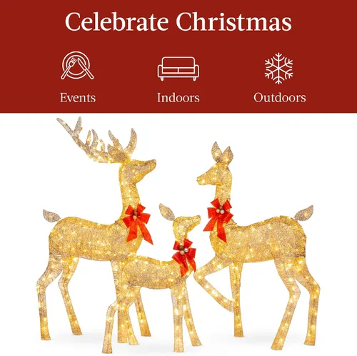 Miniatura 6 de Best Choice Products Juego familiar de ciervos de Navidad grandes iluminados de 6.5 pies, 3 piezas, decoración de patio al aire libre con 385 luces