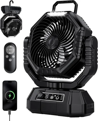 AJVV Ventilador de campamento, batería oscilante, portátil, recargable, con luz y control remoto para campamento, al aire libre, corte de energía de