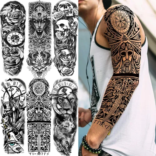 Miniatura 2 de COKTAK 21 hojas de tatuajes temporales negros extra grandes para mujeres y adultos, mito griego con 8 hojas de manga de tatuaje temporal de brazo