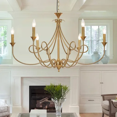 Candelabro Moderno de 6 Luces 36.6" Candelabros de Vela de Latón Lámpara Colgante de Metal Dorado para Comedor, Sala de Estar, Isla de Cocina,