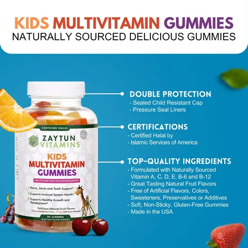 Miniatura 4 de Zaytun Vitaminas halal para niños, gomitas multivitamínicas, vitamina A, C, D, E, B6, B12, biotina, vegetariana, sin gelatina, sin gluten, sin