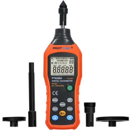 Protmex Tacómetro Digital, Tacómetro de Contacto 50-19999 RPM, Medidor de Velocidad Manual con Almacenamiento de Datos de 100 Grupos y