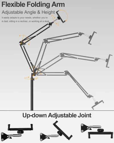 Miniatura 8 de Soporte de suelo para tablet con base estable de 11 libras y abrazadera de escritorio, brazo giratorio de altura ajustable, compatible con iPhone