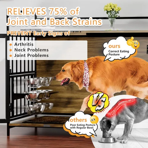 Miniatura 5 de ROOMTEC Furniture Style - Jaula grande para perros con comedero elevado ajustable de 360° para perros, 2 cuencos de acero inoxidable, cojín