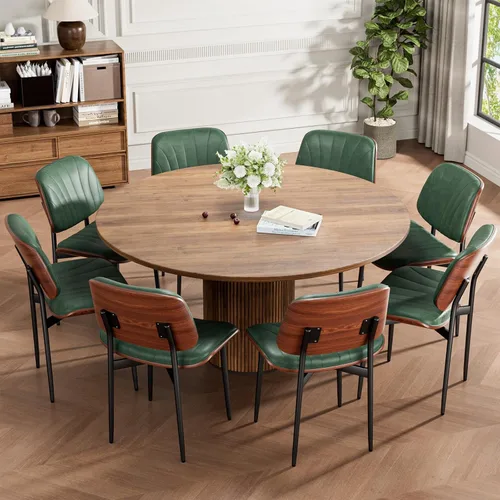 Miniatura 5 de REONEY Juego de 6 sillas de comedor, sillas modernas de mediados de siglo tapizadas en cuero PU con respaldo de madera curvada de nogal y patas