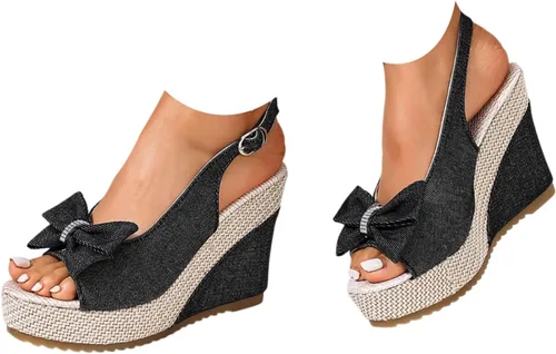 Miniatura 11 de Sandalias de cuña de mezclilla para mujer 2026 con puntera abierta, alpargatas con lazo, zapatos casuales de playa de verano para viajes, fiestas