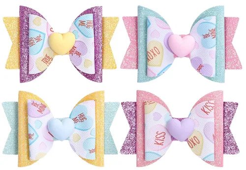 Whaline 4 pinzas para el cabello para el día de San Valentín, coloridas pinzas de corazón de caramelo con purpurina, pasadores de pelo de cocodrilo