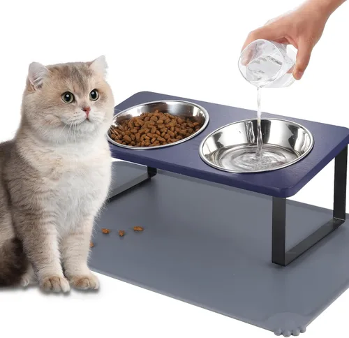 Miniatura 20 de Cuencos elevados mejorados para gatos con alfombrilla para comida, soporte inclinado a 15° anti-vómito, cuencos elevados para gatos para comida