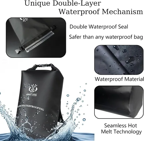 Miniatura 2 de Bolsa seca impermeable 5L/10L/20L - Mochila impermeable enrollable para kayak con doble cierre de cremallera y correa de hombro ajustable, Negro, 5