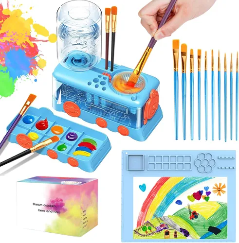 Kit de limpieza de pinceles para niños con 5 pinceles, bata de arte, tapete lavable, guía, tarro limpiador de pinceles en espiral para acuarela Azul