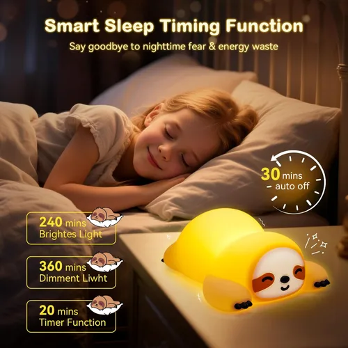 Miniatura 4 de Linda luz nocturna de perezoso para niños, luz nocturna de guardería ajustable en 3 niveles, luz nocturna de silicona esponjosa para regalos