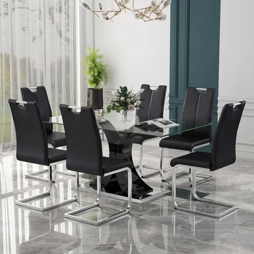 Miniatura 16 de Juego de comedor moderno de vidrio de lujo de 5 piezas, juego de cena rectangular minimalista grande para 4, juego de mesa de cocina de vidrio
