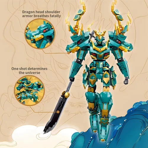 Miniatura 3 de CSNRHG Green Dargon Samurai mech Robot con modelo de lanza larga, bloques de construcción, juego de juguetes de cumpleaños mítico para niños mayores