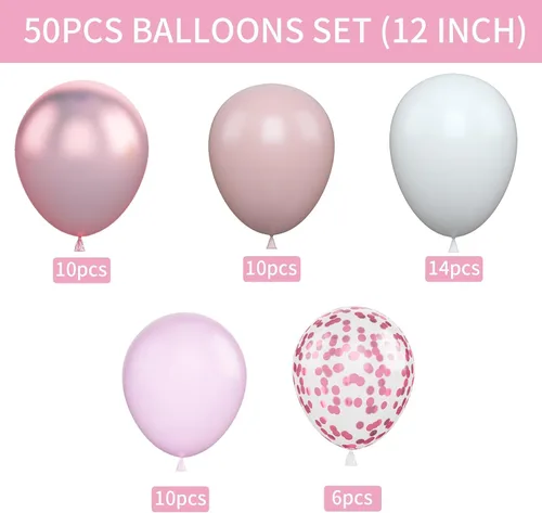 Miniatura 49 de Globos rosados y morados, 50 unidades de 12 pulgadas, globos de confeti, globos de látex metálicos rosados y morados con cinta, globos de fiesta