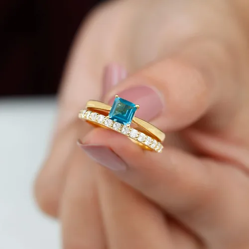 Miniatura 3 de Juego de anillos de boda de topacio azul Londres con diamante, juego de anillos solitarios de topacio azul de corte princesa para mujer (calidad AAA)