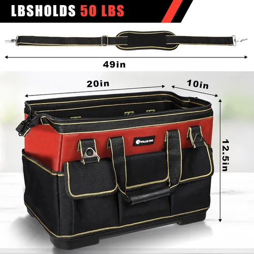 Miniatura 5 de Bolsa de herramientas portátil de 20 pulgadas para hombres con base moldeada impermeable, bolsa de herramientas de gran capacidad y boca ancha, Rojo