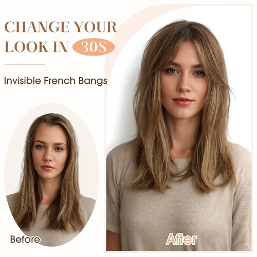 Miniatura 2 de Hairro Extensiones de flequillo lateral ondulado con clip, 100% cabello humano, 2 piezas con clip en la parte media, flequillo francés, lados
