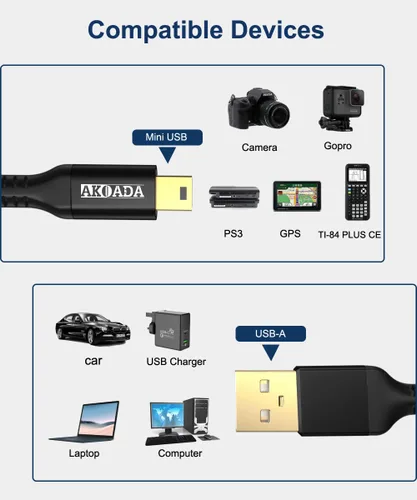 Miniatura 2 de AkoaDa Cable mini USB de 10 pies, paquete de 2 cables USB 2.0 tipo A a Mini B, cable de carga trenzado compatible con GoPro Hero 3+, controlador