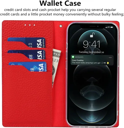 Miniatura 4 de iCoverCase Compatible con iPhone 13 Pro Max, funda magnética de piel auténtica con bloqueo RFID, correa para la muñeca y ranuras para tarjetas, Rojo