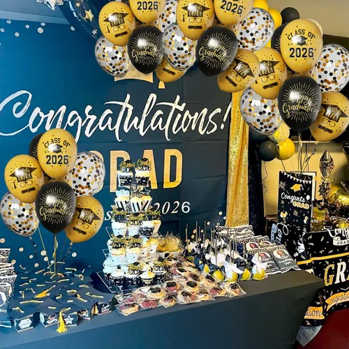 Miniatura 7 de Globos de graduación 2025 para fiesta de graduación, 50 globos de 30 cm negros y dorados de látex para graduación, globos de fiesta de graduación