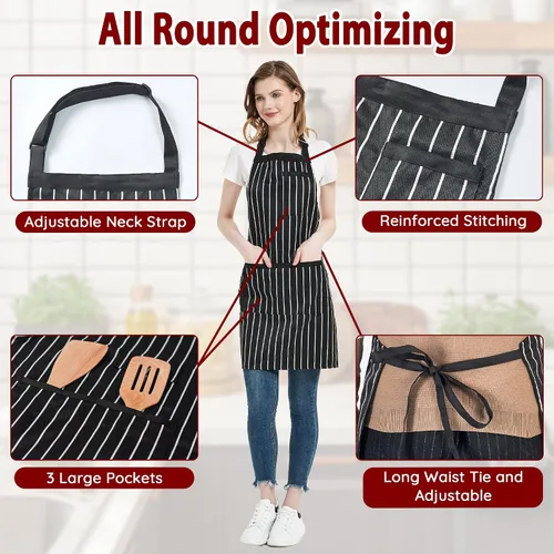 Miniatura 5 de Paquete de 2 delantales de cocina a rayas para hombres y mujeres, delantal ajustable con 3 bolsillos, delantal de chef para cocinar, hornear