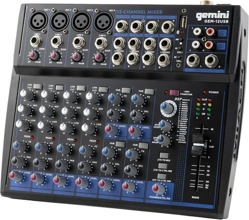 Gemini - Mezclador de audio Bluetooth de 12 canales con multi-FX, reproducción USB, ecualizador y alimentación fantasma, mezclador compacto