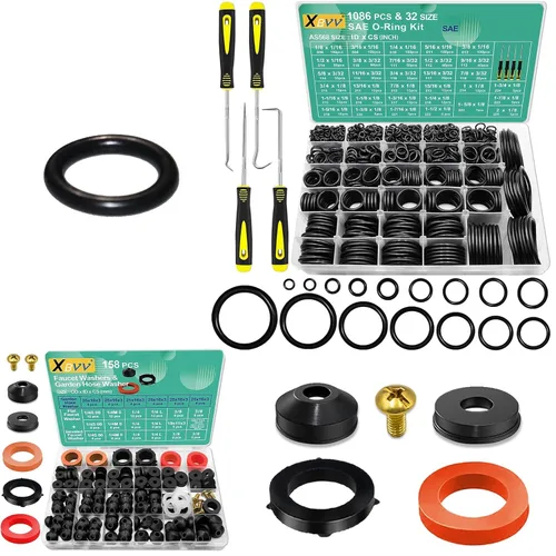 XBVV Kit surtido de 1086 piezas de 32 tamaños SAE y 158 arandelas de grifo y kit de juntas de manguera de jardín para reparación de sellado