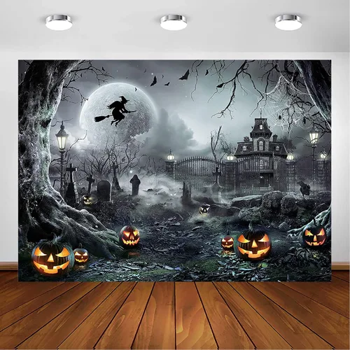 Avezano Telón de fondo para fotografía de Halloween, luna llena, noche aterradora, castillo, calabazas, fondo de fiesta, espeluznante, bruja, Gris