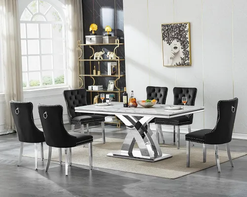 Miniatura 26 de Henf Juego de mesa de comedor de mármol sintético de 68 pulgadas para 6, juego de mesa de comedor de 7 piezas con 6 sillas copetudas de terciopelo