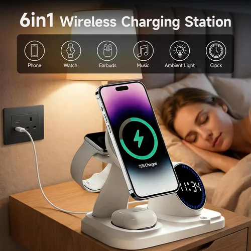 Miniatura 5 de Cargador inalámbrico 6 en 1 Estación de carga i-Phone: soporte para múltiples dispositivos para Apple - Compatible i-Phone 17 16 15 14 13 Pro Max