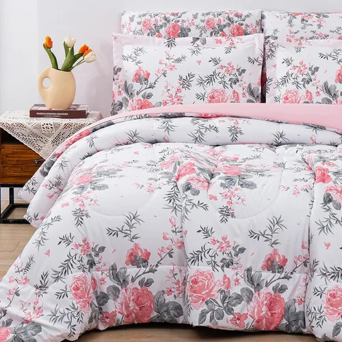 Miniatura 13 de lasoftan Juego de edredón floral Queen con sábanas, ropa de cama vintage de lujo de 7 piezas, ropa de cama de microfibra suave en una bolsa, juego