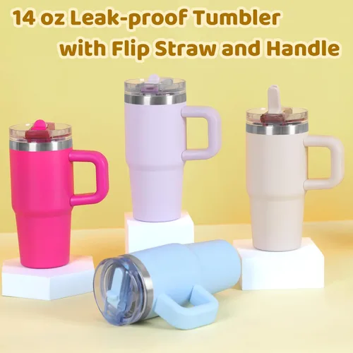 Miniatura 5 de Vaso de 14 onzas para niños con tapa con popote abatible y asa, 100% a prueba de fugas, vaso mini de 14 onzas, vaso aislado al vacío de acero Rosa