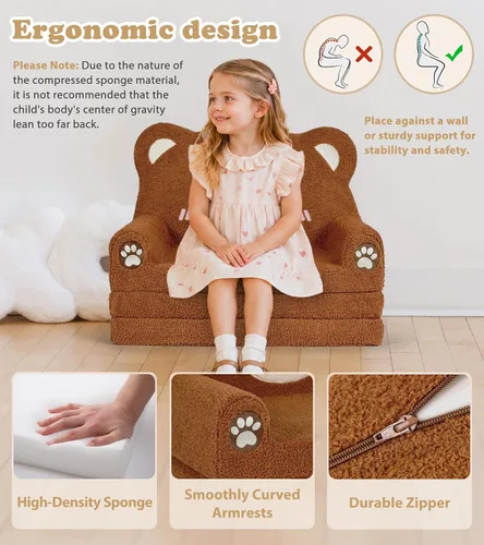 Miniatura 6 de Foryoomi Sofá para niños, sofá de bebé de 2 en 1 suave con manta plegable, silla cómoda, sofá de felpa convertible plegable, regalos para niños Oso