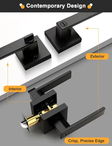 Miniatura 8 de Gobrico 1 paquete de manijas cuadradas de privacidad para puerta en acabado negro mate, manijas interiores sin llave, reversibles para puertas