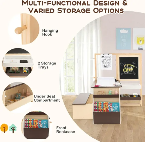 Miniatura 7 de Costzon Caballete para niños, centro de arte de madera con pizarra de doble cara y pizarra blanca, rollo de papel para dibujo, manualidades