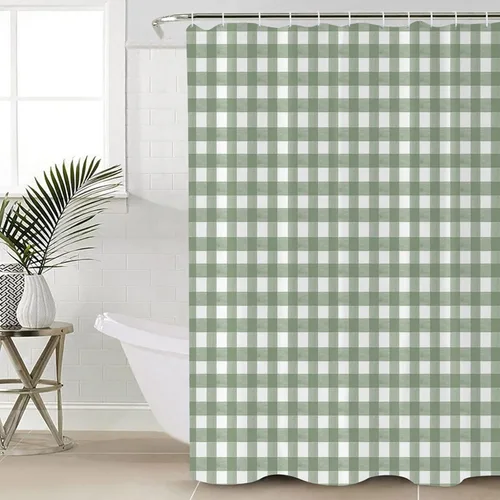 Juego de cortinas de ducha a cuadros verde salvia, tamaño pequeño, 36 x 72 pulgadas, cortina lavable para bañera con 12 ganchos, cortinas de ducha