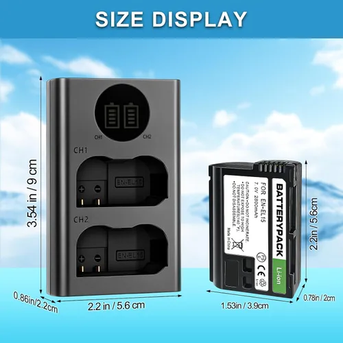 Miniatura 8 de EN-EL15 Batería de repuesto con cargador dual LCD - Batería de iones de litio de 2800 mAh para Nikon D850 D750 Z6II Z7II Z5 D500 D7500 D800 Z8 Zf