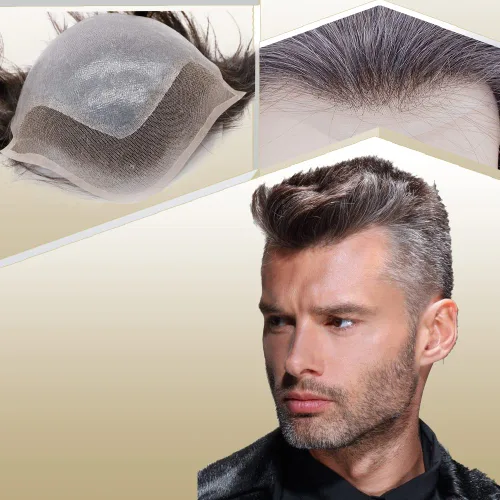 Miniatura 24 de Peluca de cabello humano europeo de repuesto para hombre, encaje suizo frontal, 0.003 in, piel fina, poliuretano, con bucle, 10 x 8 pulgadas, 20%