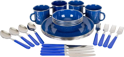 Stansport Deluxe 24-Piece Enamel Tableware Set - Enamel Plates and Bowls Lightweight and Durable Camp Dish Set for Camping and Backpacking Plates
